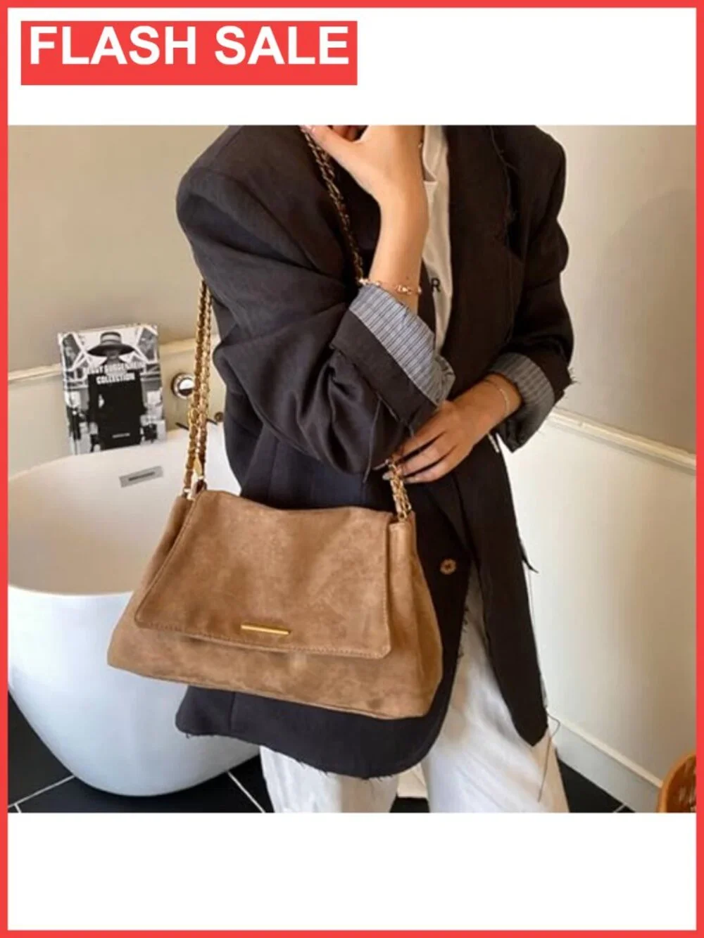Suede Slouchy Hobo Shoulder Bag with Chain Strap Large Soft